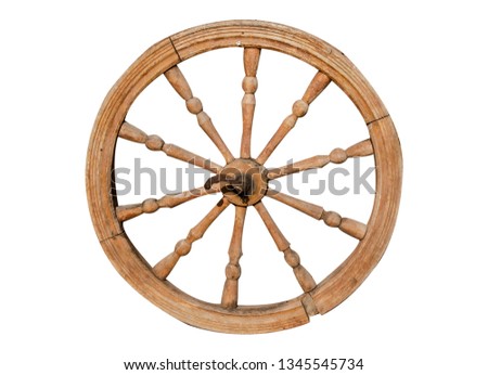 One very old wooden cart wheel on white background.Isolated object. Royalty-Free Stock Photo #1345545734