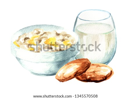 Healthy breakfast. Oat flakes, cookies and a glass of milk. Watercolor hand drawn illustration  isolated on white background