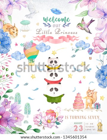 Cute happy birthday card with cartoon Panda. Watercolor panda clip art and beauty boho pink flowers, floral. lamp light and leaf for greeting card on white background
