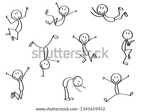 Set of stick men in crazy moves. Jumping, in action.  Royalty-Free Stock Photo #1345659452