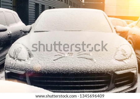 The car covered with snow with a cat face on the hood. Headlights like a cat eyes. Winter fun 