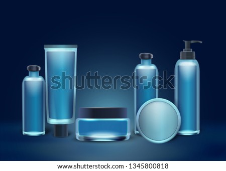 Vector Realistic Medical Cosmetic Trend Set Plastic Bottle Cosmetology for Face and Body. Jar Blue Color Different Shapes and Sizes on Dark Background. Glass Bottle Day Cream Male Hygiene Skin Care.
