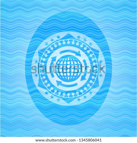 globalization icon inside sky blue water wave emblem.