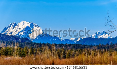 Mount Robie Reid on the left and  Mount Judge Howay on the right, viewed Sylvester Road over the Blueberry Fields near Mission, British Columbia, Canada under clear blue sky on a nice winter day Royalty-Free Stock Photo #1345815533