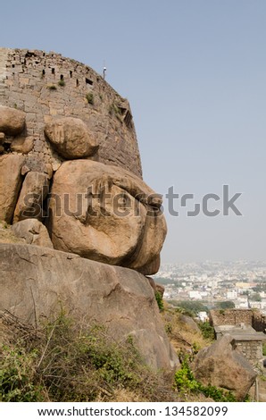 Part of the medieval Golcanda Fort built on rocks overlooking Hyderabad, India.