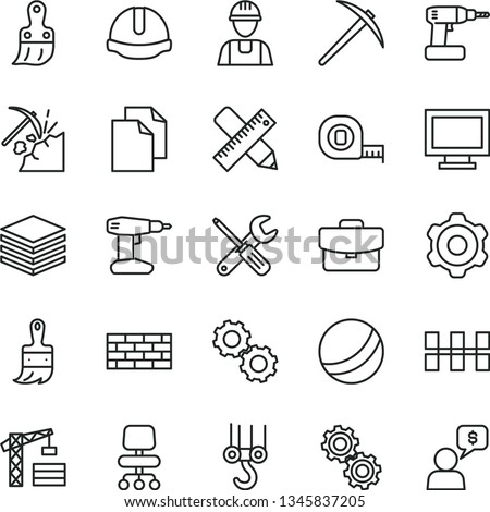 thin line vector icon set - monitor window vector, clean paper, bath ball, tower crane, builder, brickwork, winch hook, cogwheel, small tools, cordless drill, measuring tape, plastic brush, pile Royalty-Free Stock Photo #1345837205