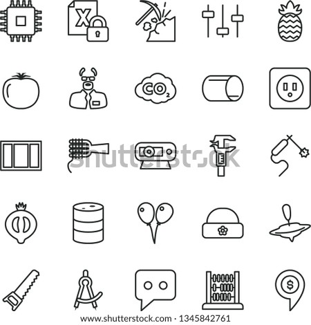 thin line vector icon set - small yule vector, colored air balloons, warm hat, abacus, window frame, hand saw, power socket type b, noodles, half of medlar, pineapple, persimmon, coal mining, barrel