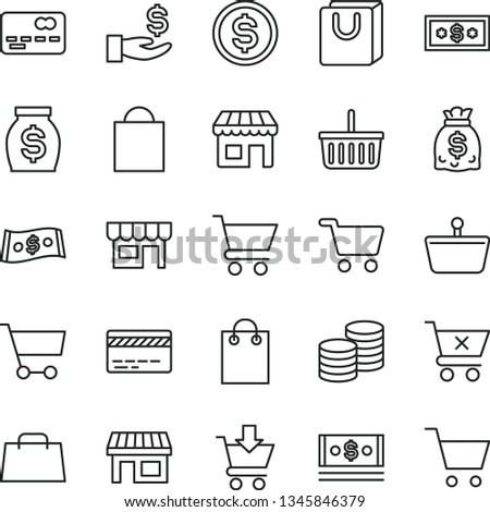 thin line vector icon set - paper bag vector, grocery basket, bank card, cart, put in, crossed, with handles, kiosk, coins, stall, shopping, front of the, dollar, get a wage, money, dollars, cash Royalty-Free Stock Photo #1345846379