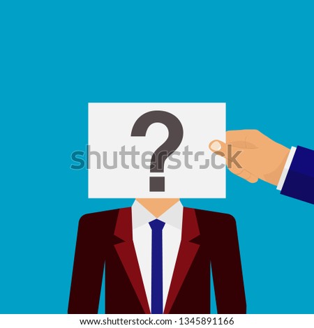 A sheet of paper with a question mark covers the face of a businessman. Vector illustration. Flat design.