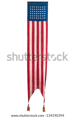 Extra long vintage official ceremony American flag isolated on a white background