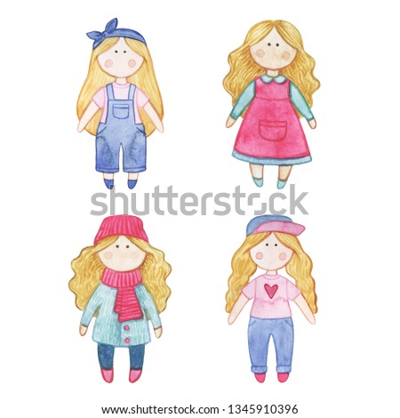 Original watercolor doll. Set with cartoon girls. Handmade toys. Good illustration for a sticker, logo, business card. Doll clothes, children's items, knitted hat, jacket, boots, boots.