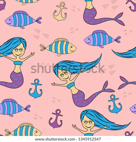 Seamless mermaid childish drawing pattern with cute mermaids and marine animals for baby and kids fashion vector illustration