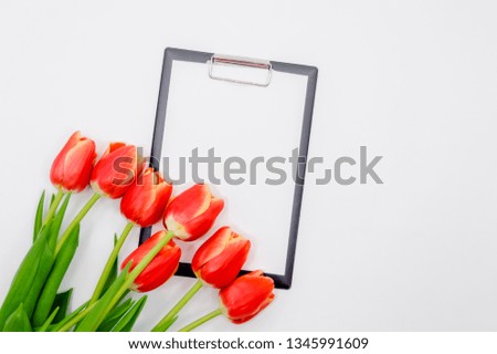 Flat Lay top view Photo of pencils, paper clips, stapler and notepad on abstract background with copy space. Creative flat lay photo of workspace desk with  tulips. 