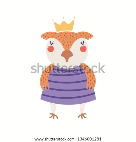 Hand drawn vector illustration of a cute funny owl girl in a dress. Isolated objects on white background. Scandinavian style flat design. Concept for children print.