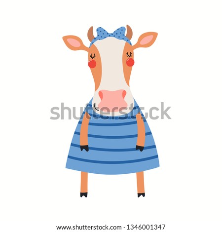 Hand drawn vector illustration of a cute funny cow girl in a dress. Isolated objects on white background. Scandinavian style flat design. Concept for children print.
