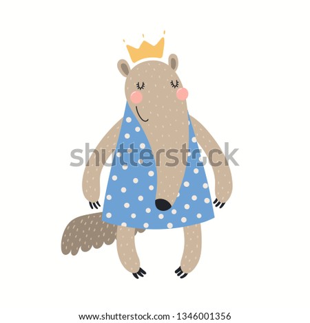 Hand drawn vector illustration of a cute funny anteater girl in a dress. Isolated objects on white background. Scandinavian style flat design. Concept for children print.