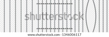 Set of realistic prison metal bars isolated on transparent background. Iron jail cage. Prison fence jail. Template design for criminal or sentence. Vector illustration Royalty-Free Stock Photo #1346006117