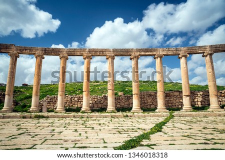 Oval square colonnade at the ancient city ruins of Jerash, Gerasa Governorate, north of Jordan