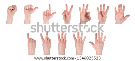 Male hands counting from zero to five isolated on white background. Numbers from fingers