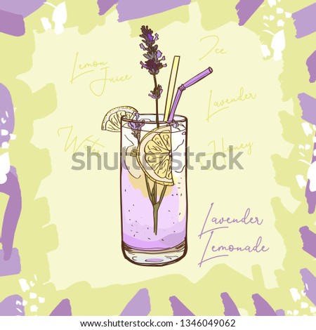 Lavender Lemonade homemade classic inglass cup with drinking straw and lemon wedge. Refreshing summer drink vector clip art illustration, doodle drawing. Isolated sketch style image for menu, poster.