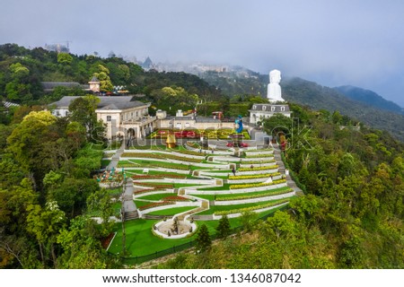 Aerial view of Love flower garden on top Ba Na hills. The famous tourist destination of Da Nang, Vietnam. Near Golden bridge