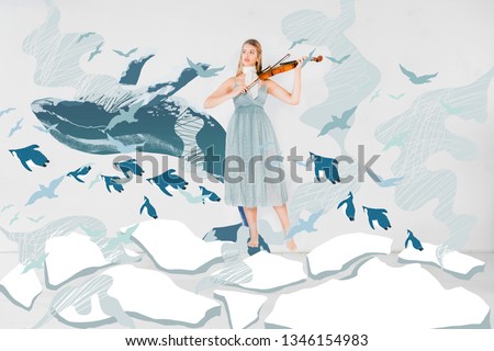 floating girl in blue dress playing violin with whale and birds illustration
