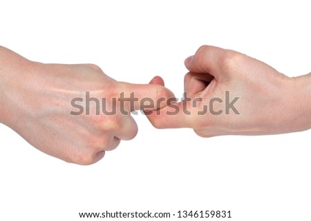 male hands in shape of lock holding each other isolated on white background
