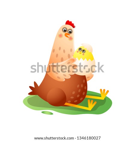 Hen sitting with small hatched chick in egg isolated on white background