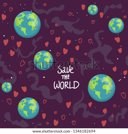 earth Cartoon globe, hearts web icons green happy nature character. love ecology earth planet world map seamless pattern vector illustration. For textile print, wrapping paper. save the world