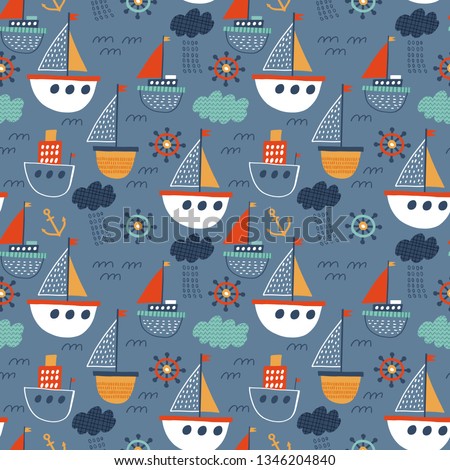 Seamless vector marine pattern. For cards, t-shirt prints, birthday, party invitations, scrapbook, summer holidays. Vector illustration in red, yellow and blue colors