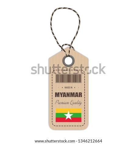 Hang Tag Made In Myanmar With Flag Icon Isolated On A White Background. Vector Illustration. Made In Badge. Business Concept. Buy products made in Myanmar. Use For Brochures, Printed Materials, Logos