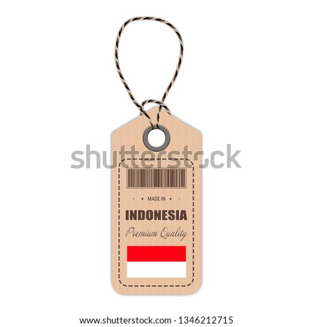 Hang Tag Made In Indonesia With Flag Icon Isolated On A White Background. Vector Illustration. Made In Badge. Business Concept. Buy products made in Indonesia. Use For Brochures, Printed Materials