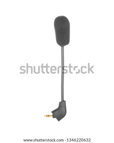 Condenser lavalier tie clip microphone, tool isolated on white background, macro