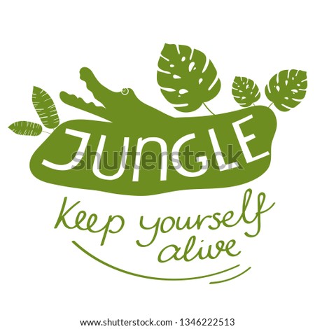 Jungle Card, Poster or Logo with Text, Leaves and Crocodile. Vector Illustration.