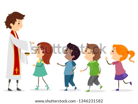 Illustration of Stickman Kids Falling in Line to Receive Ashes on Forehead from a Priest