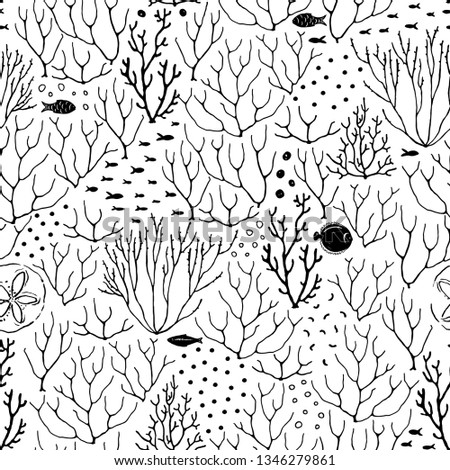 Abstract texture seamless pattern of doodle fishes, coral reef, dots. Vector black illustration on white background. 