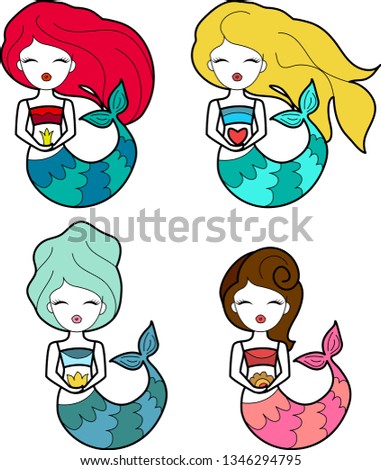 Cute little different hair mermaid with crown and flower. Book magazine cartoon illustration, fashion artwork, t shirt print