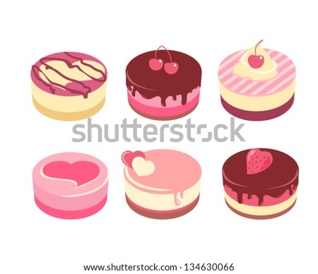 Six appetizing cheesecakes isolated on white. Vector