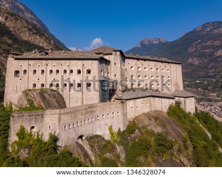 Aerial view of the castle of Bard, Valle d'Aosta, Italy
