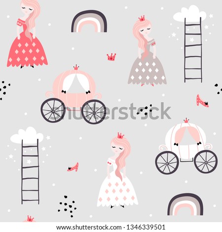 Childish seamless pattern with princess, rainbow, carriage in scandinavian style. Creative vector childish background for fabric, textile