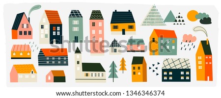 Various small tiny houses, trees and mountains. Paper cut style. Flat design. Hand drawn trendy illustration. Big colored vector set. All elements are isolated Royalty-Free Stock Photo #1346346374