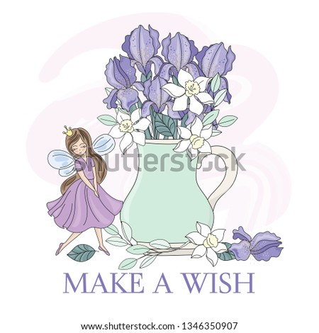 SPRING FAIRY  Iris Bouquet Flower Holiday Cartoon Vector Illustration 