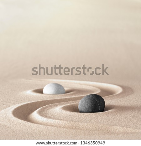 yin and Yang symbol of dualism in ancient Chinese philosophy where opposite or contrary forces are complementary. Like light and dark or fire and water, male and female. A black an white round stone Royalty-Free Stock Photo #1346350949