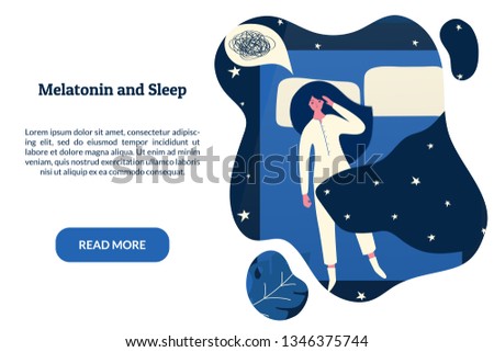 Female insomniac lying in bed at night. Tired woman suffer from sleeping disorder, insomnia, nightmare, sleeplessness. Sleepy character trying to fall asleep. Melatonin and sleep banner template. Royalty-Free Stock Photo #1346375744