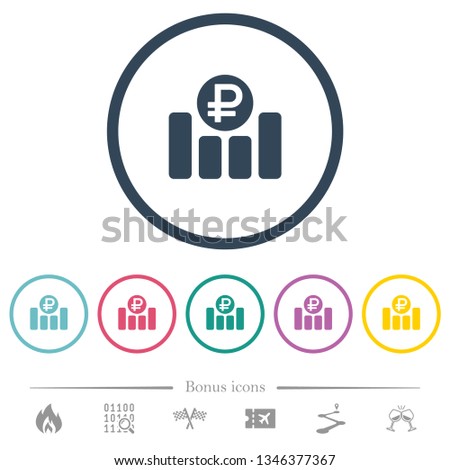 Ruble financial graph flat color icons in round outlines. 6 bonus icons included.