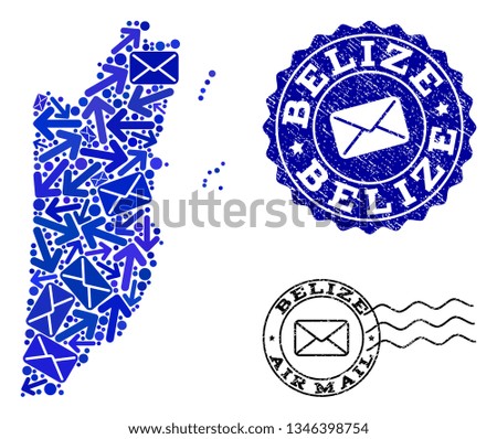 Mail combination of blue mosaic map of Belize and grunge stamps. Vector watermarks with grunge rubber texture with Airmail text and envelope symbols. Flat design for mail ways templates.