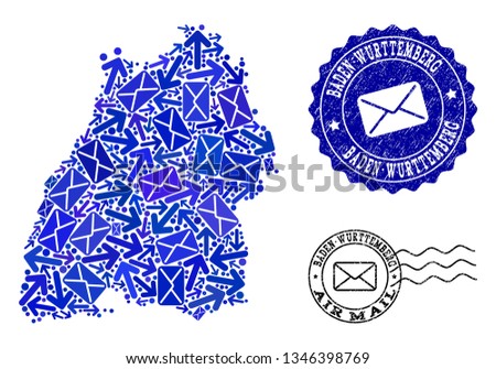 Mail collage of blue mosaic map of Baden-Wurttemberg State and scratched stamp seals. Vector seals with scratched rubber texture with Airmail title and envelope symbols.