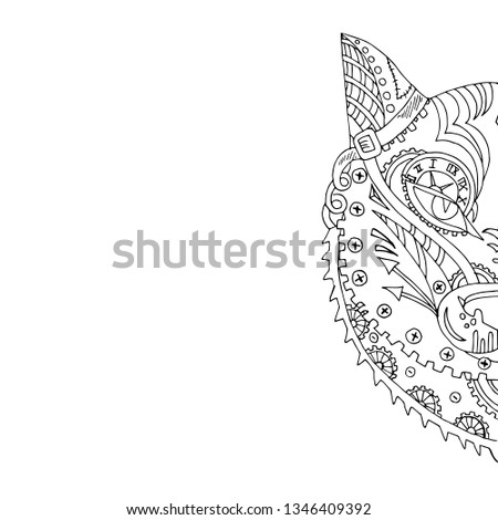 Wild beautiful wolf head hand draw on a white background. Color book. Fashion steam punk style