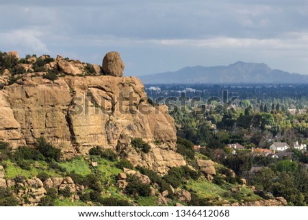 Scenic view of Stoney Point with the San Fernando Valley and Griffith Park in background.  The popular rock climbing park is near Topanga Canyon Road in Los Angeles, California.