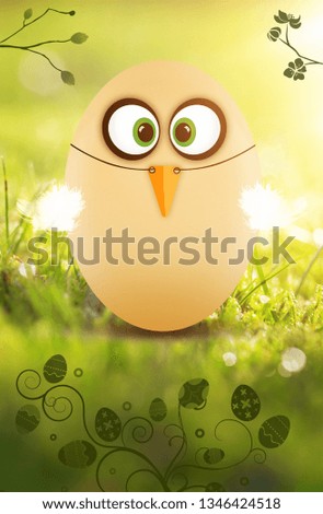 Sweet Easter egg dressed as Easter chicken in the garden